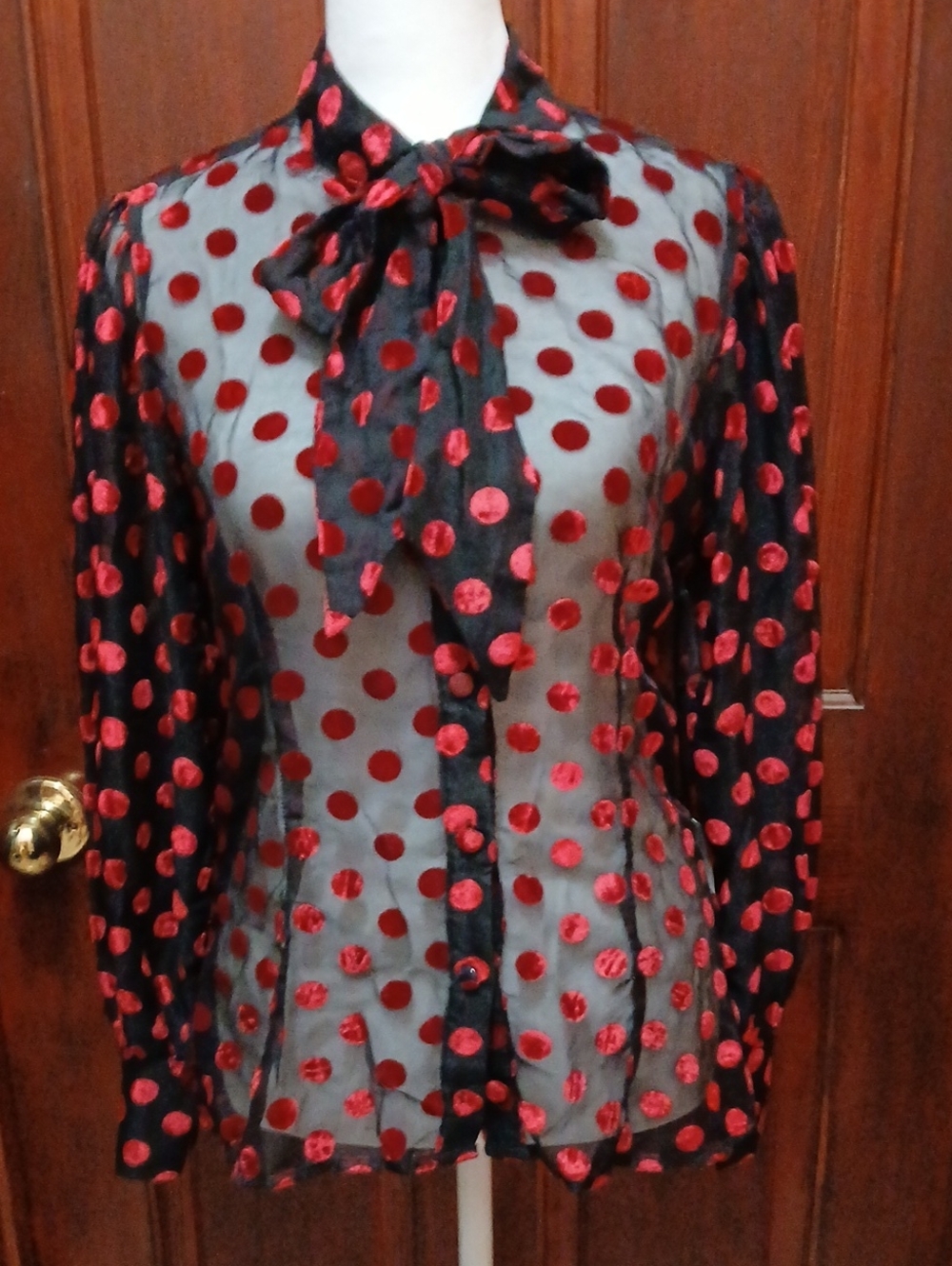 Unique Vintage Gwen/Bishop Sleeve Blouse Red Polka Dots and Neck Tie